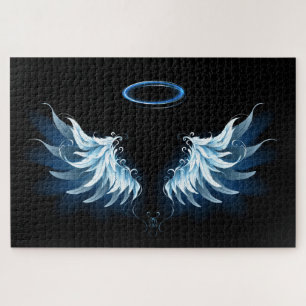 Blue Glows Angel Wings auf schwarzem Hintergrund Puzzle