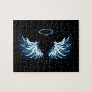 Blue Glows Angel Wings auf schwarzem Hintergrund Puzzle