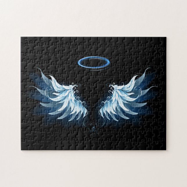 Blue Glows Angel Wings auf schwarzem Hintergrund Puzzle (Horizontal)