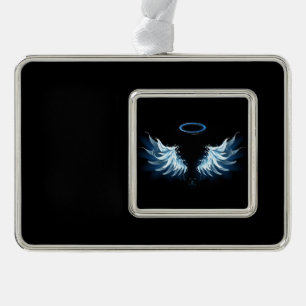 Blue Glows Angel Wings auf schwarzem Hintergrund Rahmen-Ornament Silber