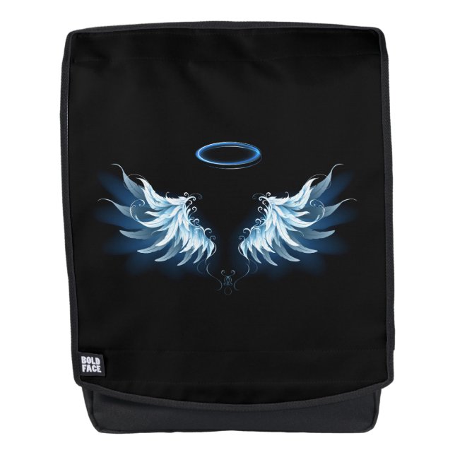 Blue Glows Angel Wings auf schwarzem Hintergrund Rucksack (Vorderseite)