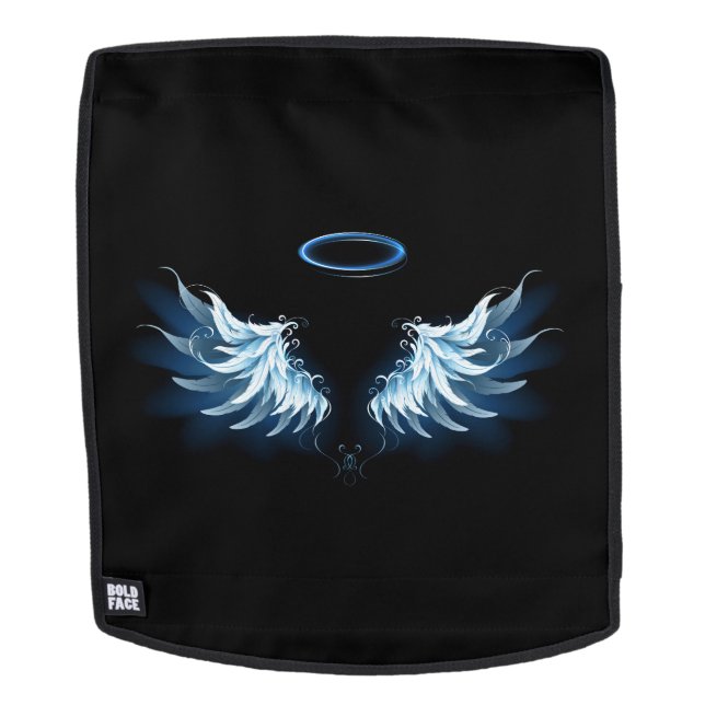 Blue Glows Angel Wings auf schwarzem Hintergrund Rucksack (Abnehmbare Front)