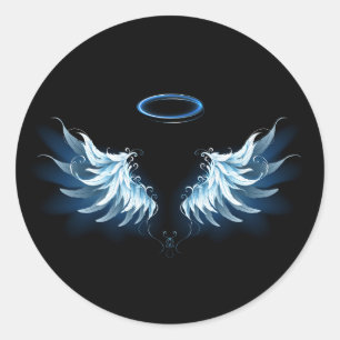Blue Glows Angel Wings auf schwarzem Hintergrund Runder Aufkleber