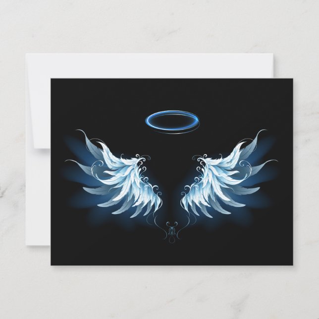 Blue Glows Angel Wings auf schwarzem Hintergrund Save The Date (Vorderseite)