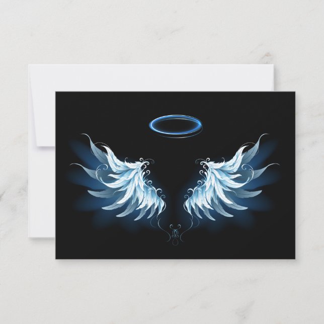 Blue Glows Angel Wings auf schwarzem Hintergrund Save The Date (Vorderseite)