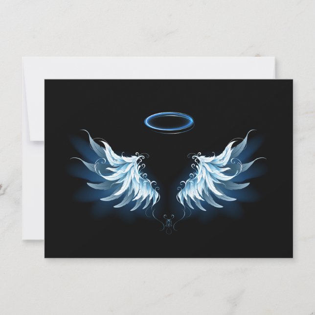 Blue Glows Angel Wings auf schwarzem Hintergrund Save The Date (Vorderseite)