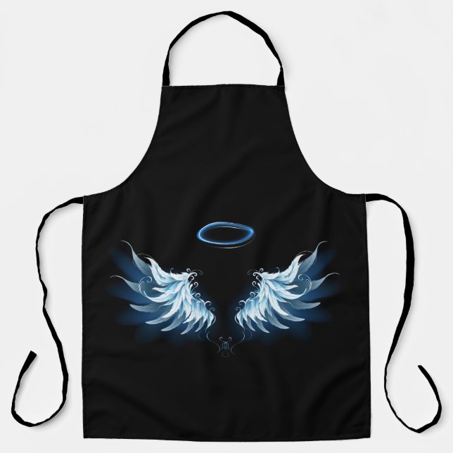 Blue Glows Angel Wings auf schwarzem Hintergrund Schürze (Vorderseite)