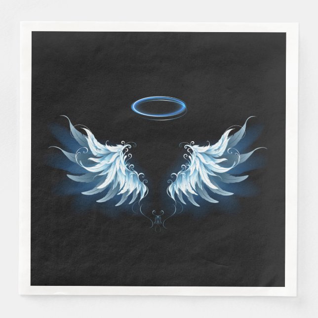 Blue Glows Angel Wings auf schwarzem Hintergrund Serviette (Vorderseite)