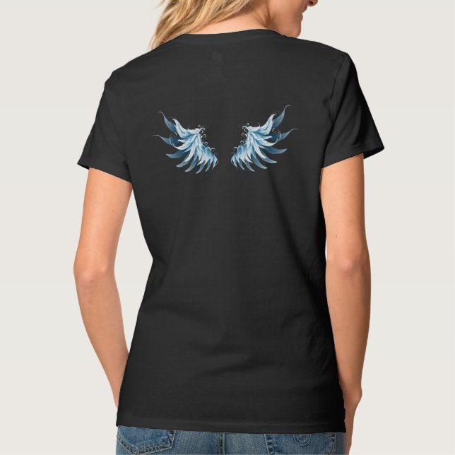 Blue Glows Angel Wings auf schwarzem Hintergrund T-Shirt (Rückseite)