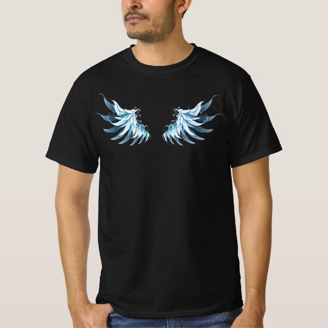 Blue Glows Angel Wings auf schwarzem Hintergrund T-Shirt (Vorderseite)