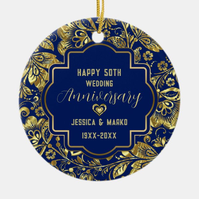 Blue & Gold 50. Hochzeitstag Keramik Ornament (Vorne)