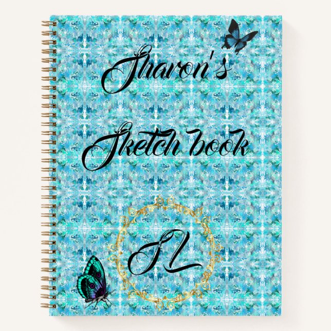 Blue Gold Abstrakt Monogram Butterfly Sketchbook Notizbuch (Vorderseite)