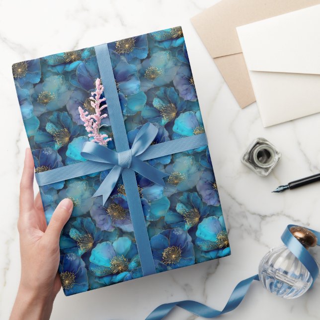 Blue Gold Abstrakt Watercolor Florals Geschenkpapier (Schenken)