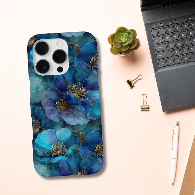 Blue Gold Abstrakt Watercolor Florals iPhone Hülle (Blue gold watercolor floral abstract iPhone case. Available for all current iPhone case sizes)