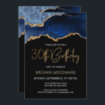 Blue Gold Agate 30. Geburtstag Party Einladung<br><div class="desc">Diese elegante 30. Geburtstagseinladung zeigt ein Aquarellbild einer Age-Geode in Blautönen mit goldenen Imitaten. Die Worte "30. Geburtstag" erscheinen in Imitaten goldener Glitzer in dekorativen modernen Handschrift Schriftart. Passen Sie den Namen der Ehre in goldfarbenem Text an und die Details in Weiß. Das gleiche blaue Apache-Bild wird auf der Rückseite...</div>