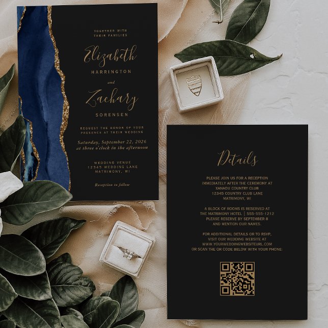 Blue Gold Agate Dark QR Code Hochzeit Einladung (Von Creator hochgeladen)