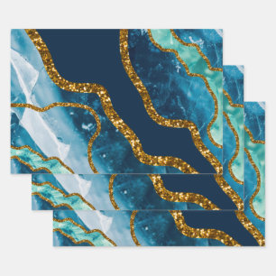 Blue & Gold Agate Geode Glitzer Geschenkpapier Set