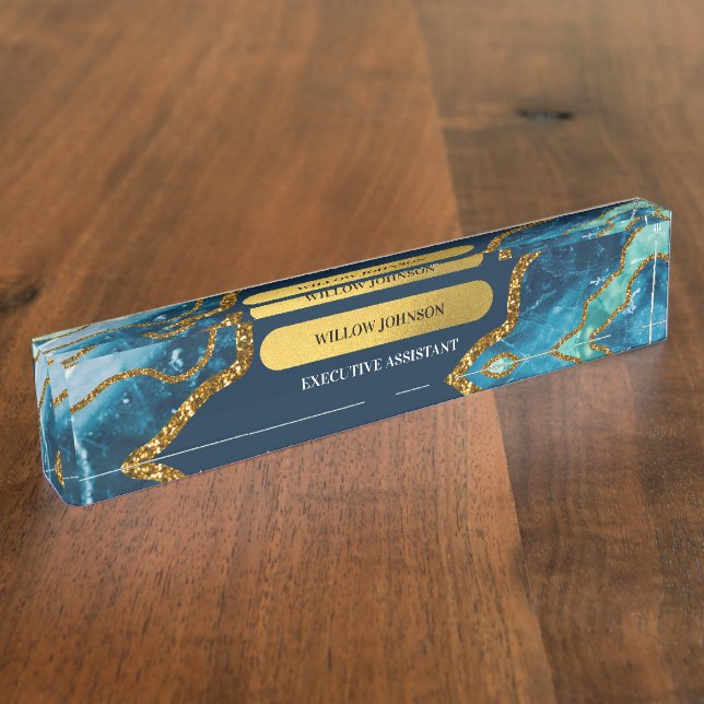 Blue & Gold Agate Geode Glitzer Namensplakette (Seite)