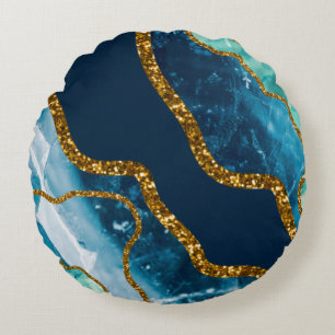 Blue & Gold Agate Geode Glitzer Rundes Kissen