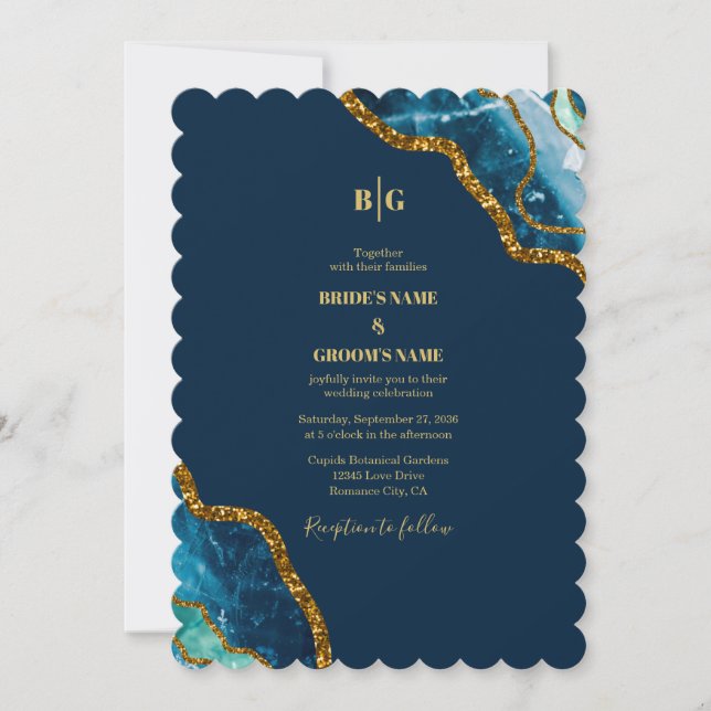 Blue & Gold Agate Geode Glitzer Wedding Einladung (Vorderseite)