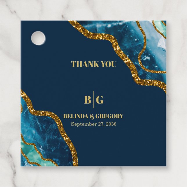 Blue & Gold Agate Geode Glitzer Wedding Geschenkanhänger (Vorderseite)