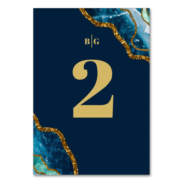 Blue & Gold Agate Geode Glitzer Wedding Tischnummer (Vorderseite)