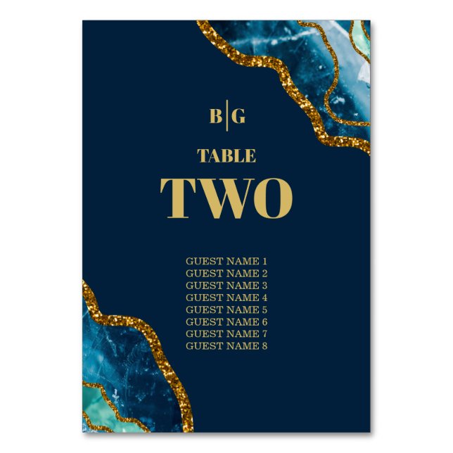 Blue & Gold Agate Geode Glitzer Wedding Tischnummer (Vorderseite)