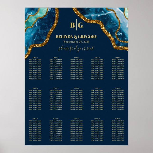 Blue Gold Agate Glitzer Hochzeitssattel Poster (Vorne)
