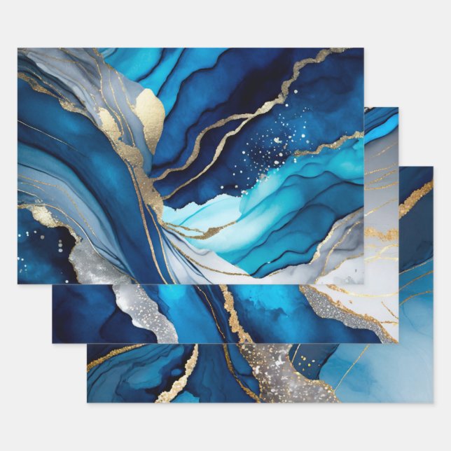 Blue Gold Agate Marble Glitter Abstract Design Geschenkpapier Set (Set)