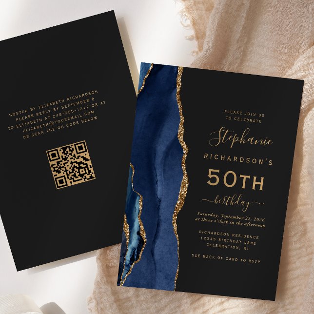 Blue Gold Agate QR Code 50. Geburtstag Einladung (Von Creator hochgeladen)