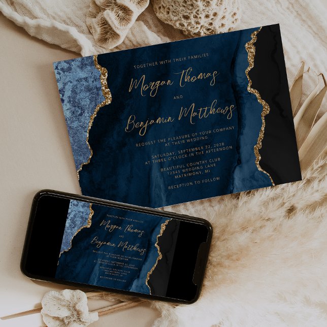 Blue Gold Agate Script Hochzeit Einladung (Von Creator hochgeladen)