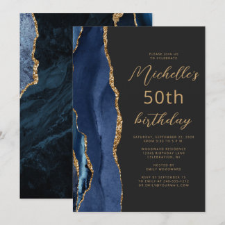 Blue Gold Agate Slate Script 50. Geburtstag Einladung