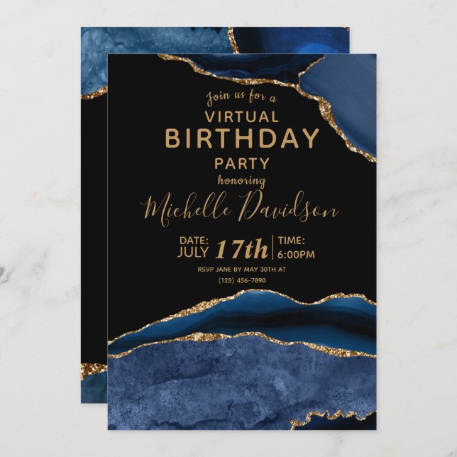 Blue & Gold Agate Virtual Geburtstag Einladung (Vorne/Hinten)