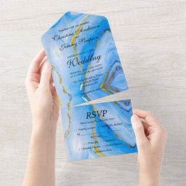 Blue Gold Agate Wedding All In One Einladung