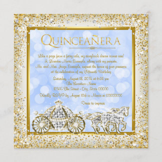 Blue Gold Ainderella Princess Quinceanera Einladung