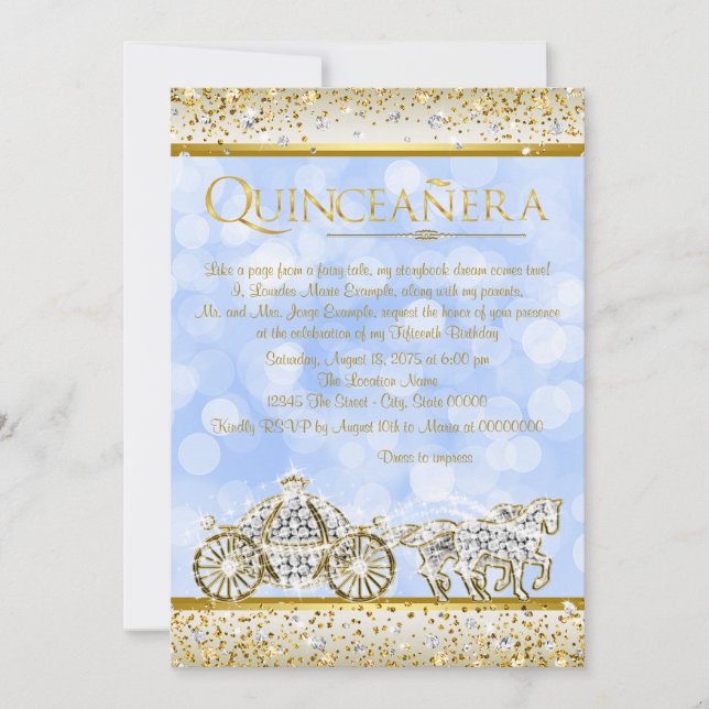 Blue Gold Ainderella Princess Quinceanera Einladung (Vorderseite)