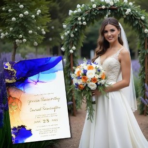 Blue Gold Alcohol Ink Wedding Invitation Einladung