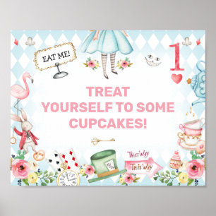 Blue Gold Alice One-derland 1st Birthday Sign Poster