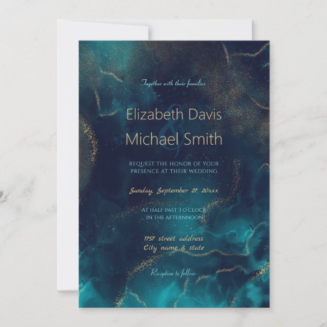 Blue Gold Alkohol Alkohol Tinte Art Deep Blue Sea Einladung (Vorderseite)