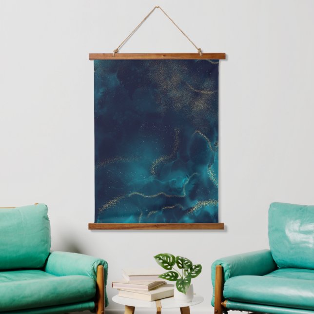 Blue Gold Alkohol Tinte Art Deep Blue Ocean Wandteppich Mit Holzrahmen (Wohnzimmer)