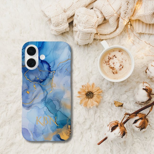 Blue Gold Alkohol Tinte Monogram Case-Mate iPhone Hülle (Blue Gold Alcohol ink Watercolor Wash Monogrammed Initials iPhone case )