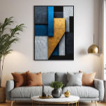 Blue, Gold and Concrete Leinwanddruck<br><div class="desc">Abstract vertical composition with overlapping geometric panels. Deep blue tones,  aged gold,  and concrete gray with cracked texture. Modern and sophisticated design ideal for interior decor. Bring industrial elegance and visual depth to your wall with this exclusive art piece.</div>