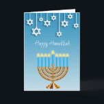 Blue Gold and White Menorah Happy Hanukkah Karte<br><div class="desc">Blue Gold and white stars of David and Happy Hanukkah menorah personalized card.</div>