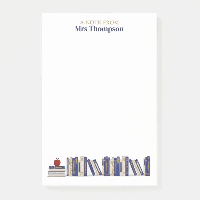 Blue Gold Apple Bookshelf Personalized Teacher Post-it Klebezettel (Vorderseite)
