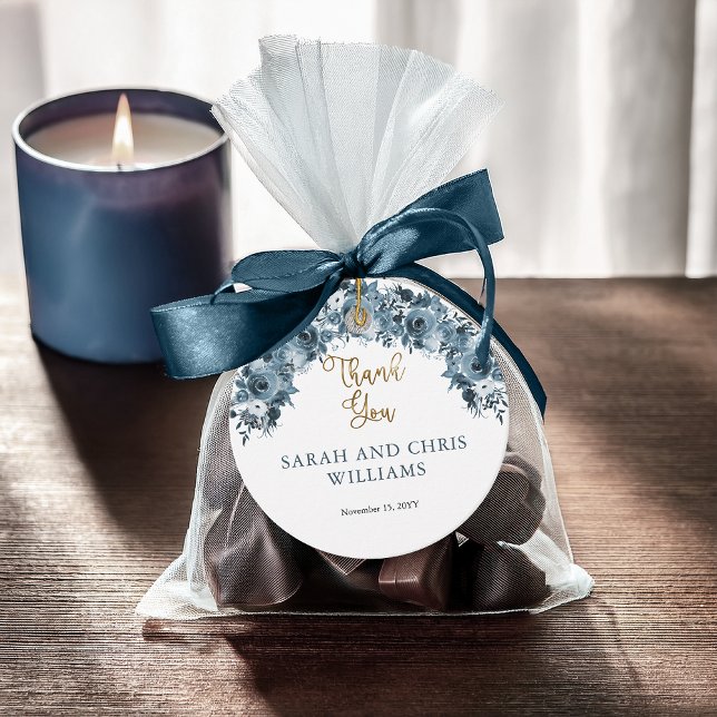 Blue Gold Aquarell Floral Vielen Dank für Ihre Unt Geschenkanhänger (Elegant Blue Gold Tone Watercolor Floral "Thank You" Favor Tags -- Baptism, Wedding, Bridal)