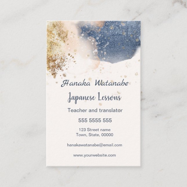 Blue & gold Aquarell Japanisch Sprache Tutor Visitenkarte (Vorderseite)