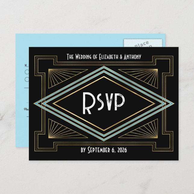 Blue & Gold Art Deco Gatsby-Inspired Wedding Postkarte (Vorne/Hinten)
