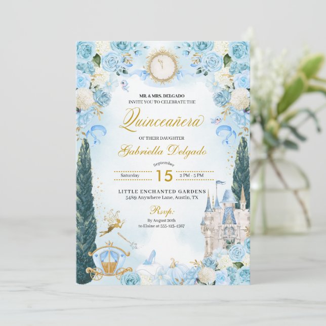 Blue & Gold Aschenella Princess Fairy Quinceanera Einladung (Stehend Vorderseite)