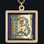 BLUE GOLD B SCHREIBEN MIT BLUME MONOGRAMM VERGOLDETE KETTE<br><div class="desc">Mittelalterlicher Blumenbrief B auf goldenem Hintergrund.</div>