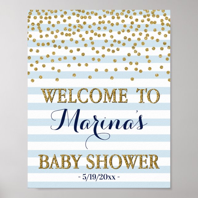 Blue Gold Baby Boy Dusche Begrüßungsdekor Print Poster (Vorne)
